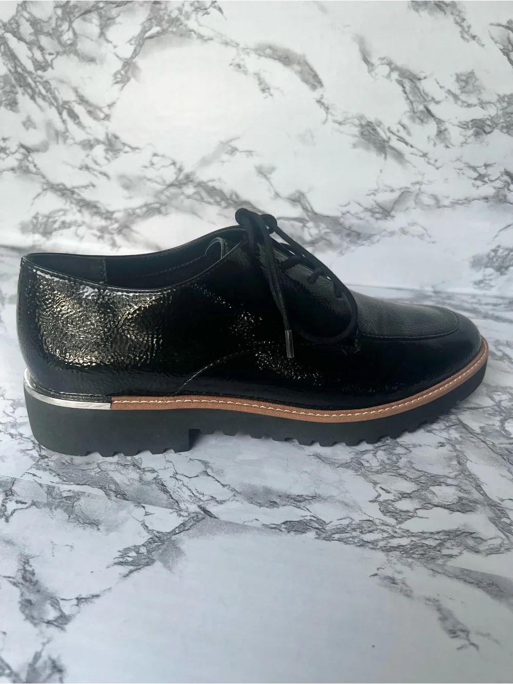 Franco Sarto Charles Black Patent Derby Lug Sole Shoe 11 Preppy Quiet Luxury